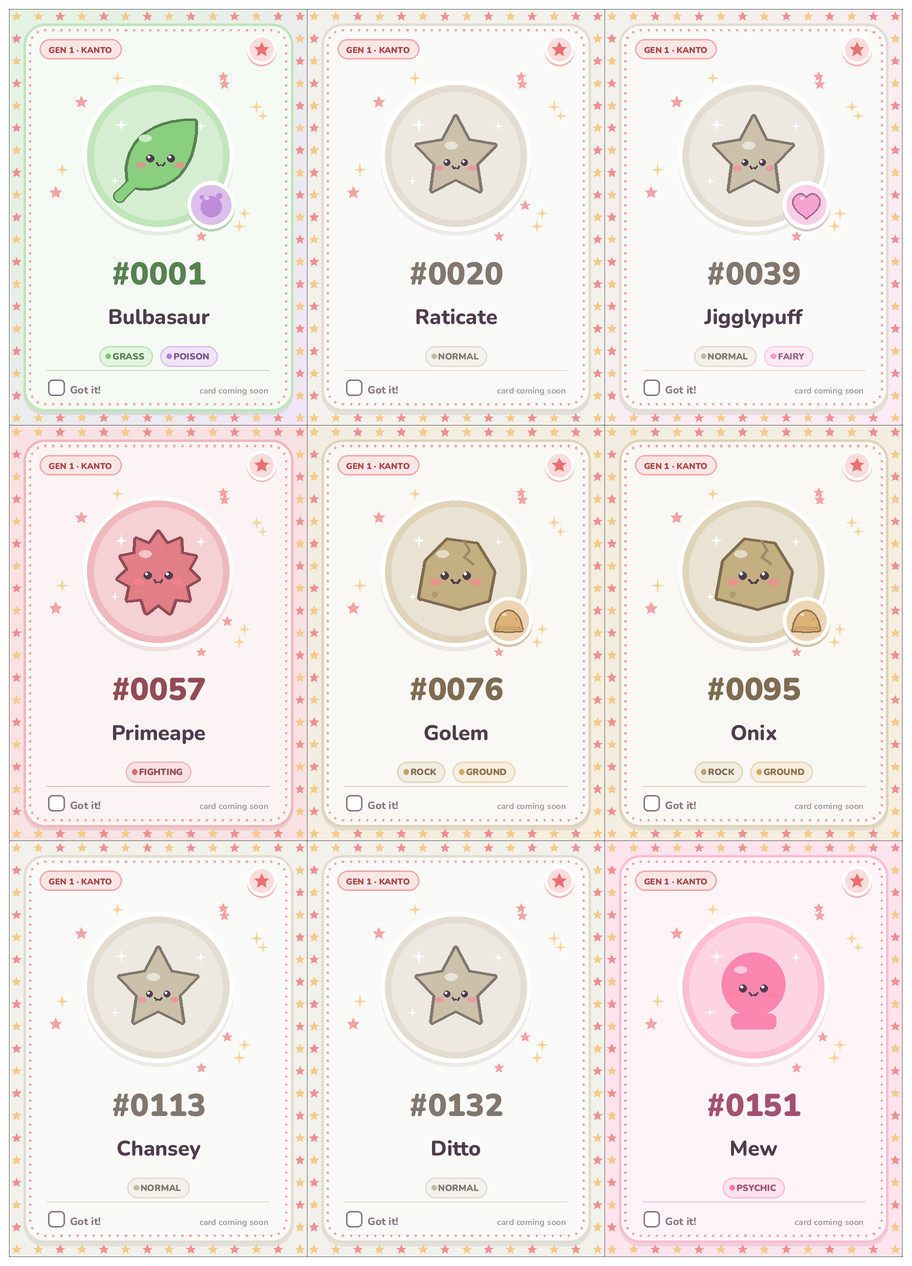 Kanto Pokémon placeholders printable cards