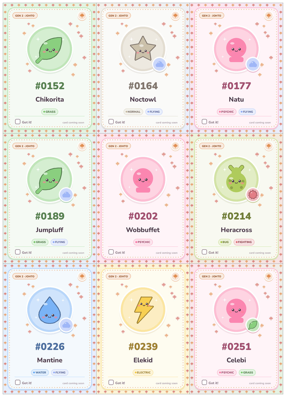 Johto Pokémon placeholders printable cards