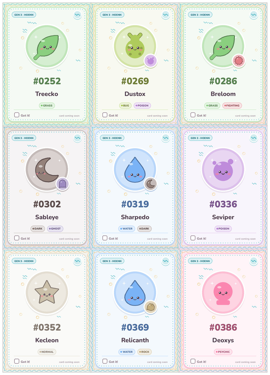 Hoenn Pokémon placeholders printable cards
