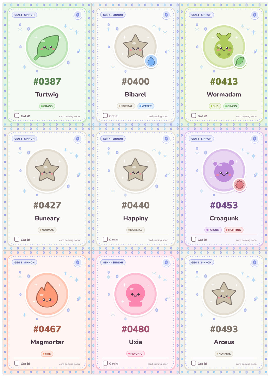 Sinnoh Pokémon placeholders printable cards