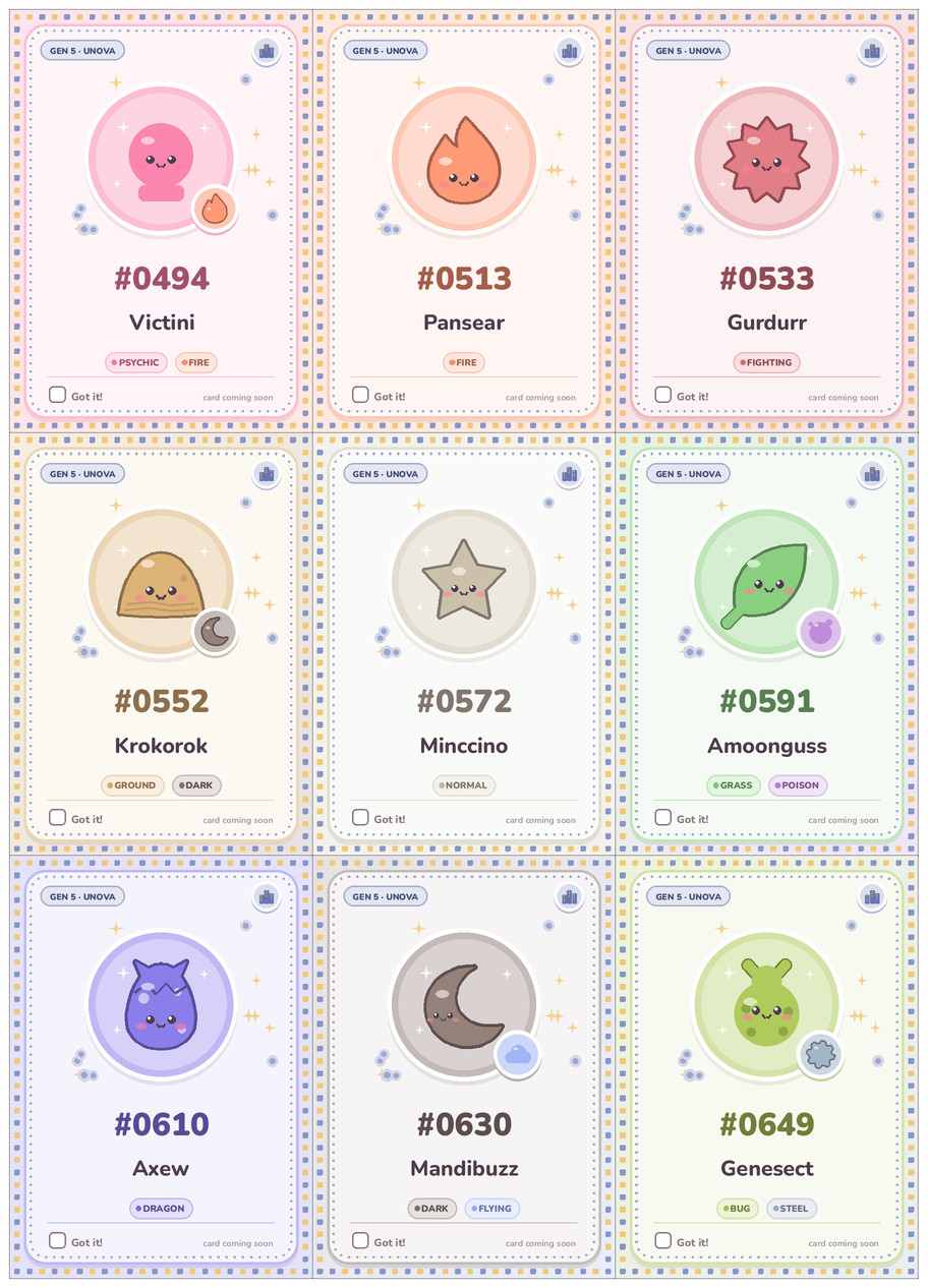 Unova Pokémon placeholders printable cards