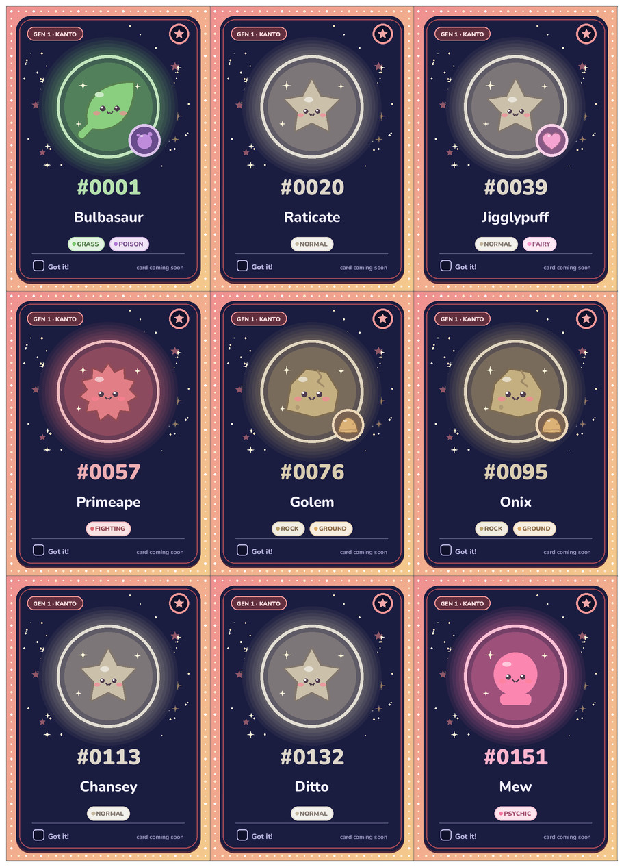 Kanto Pokémon placeholders (Starlight) printable cards