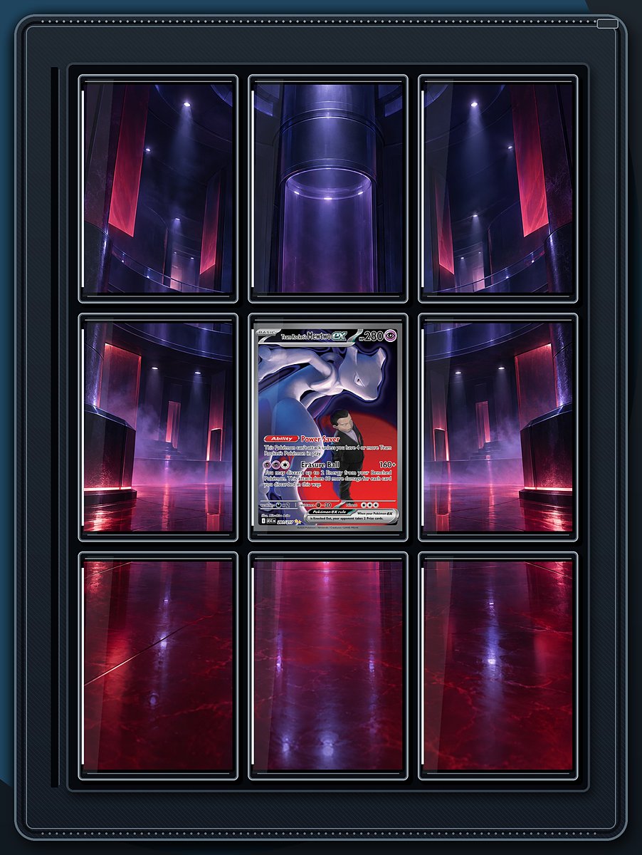 Team Rocket's Mewtwo ex Midnight Headquarters extended-art binder page preview